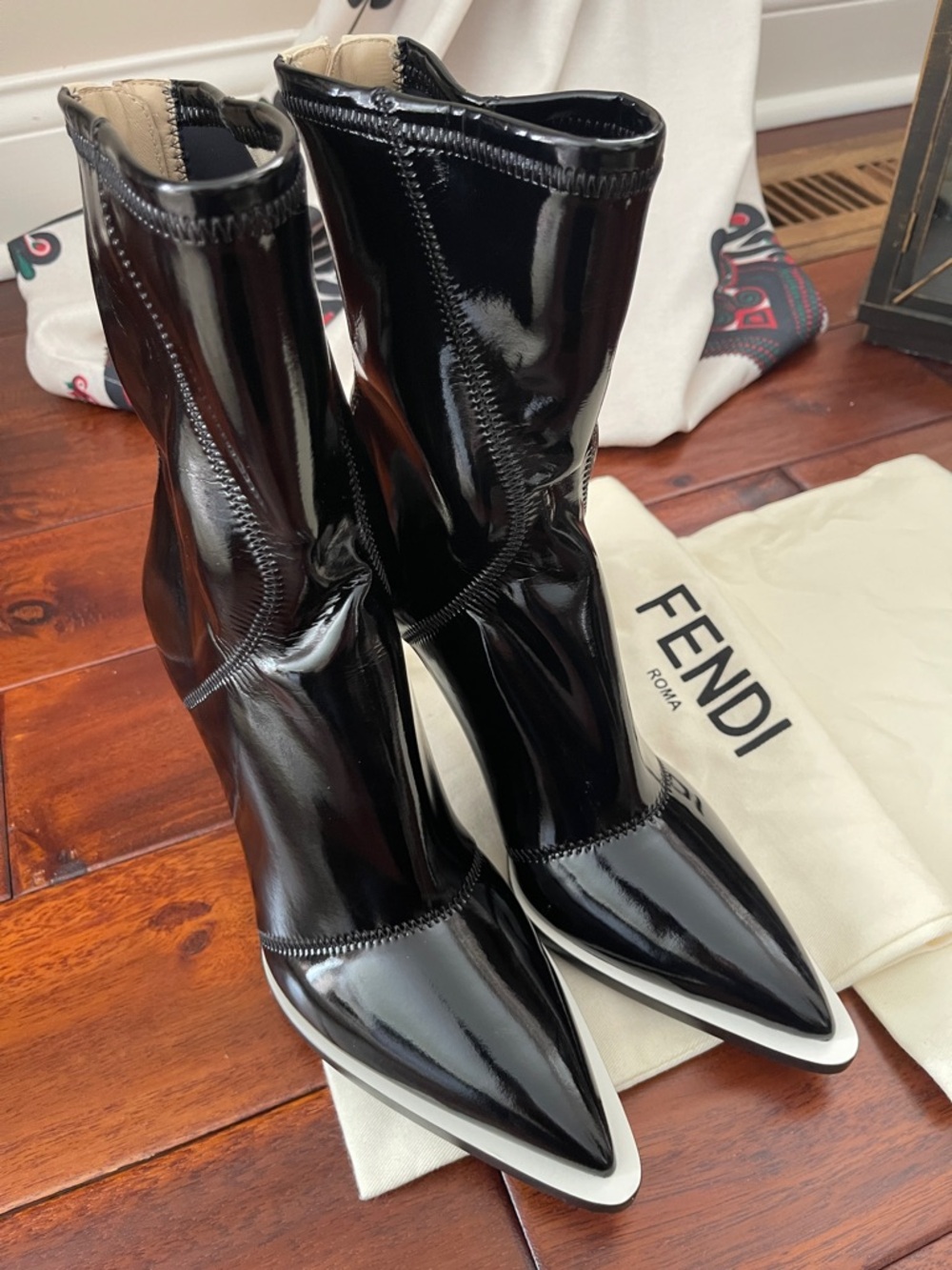 Fendi Black Patent Pointed Toe Stiletto Ankle Boots with White Trim🩷 - Picture 2 of 10